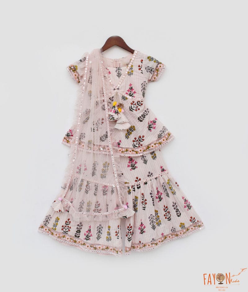 Peach Cotton Print Kurti Sharara and Peach Net Dupatta for Girls