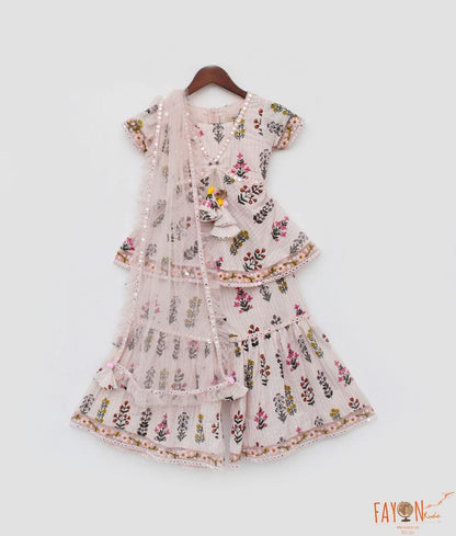 Peach Cotton Print Kurti Sharara and Peach Net Dupatta for Girls