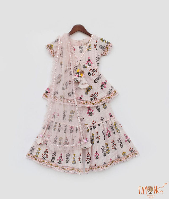 Peach Cotton Print Kurti Sharara and Peach Net Dupatta for Girls