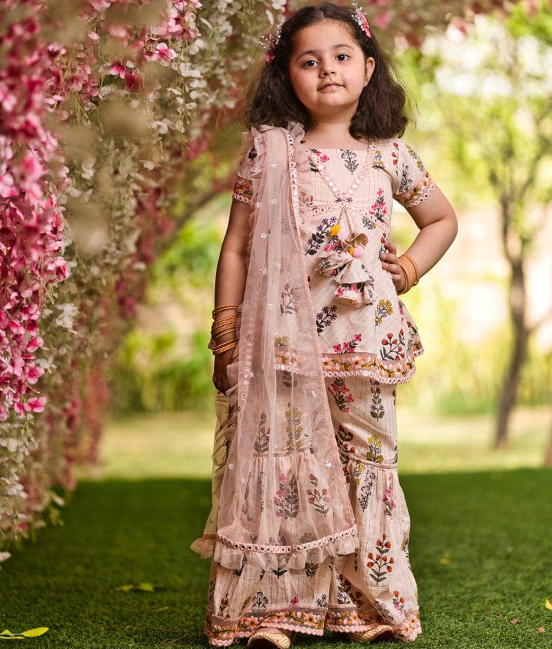 Fayon Kids Peach Cotton Print Kurti Sharara and Peach Net Dupatta for Girls