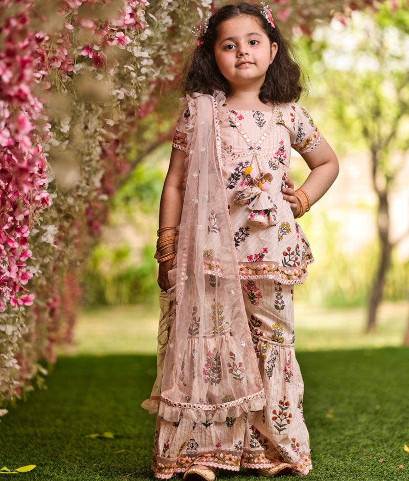 Peach Cotton Print Kurti Sharara and Peach Net Dupatta for Girls