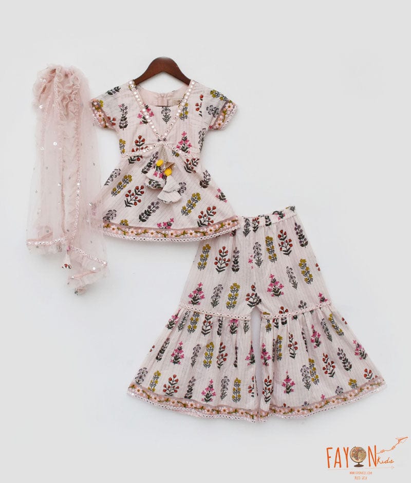 Peach Cotton Print Kurti Sharara and Peach Net Dupatta for Girls