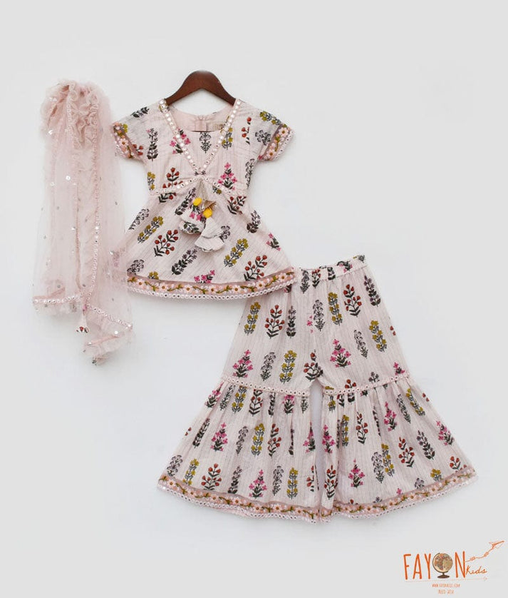Peach Cotton Print Kurti Sharara and Peach Net Dupatta for Girls