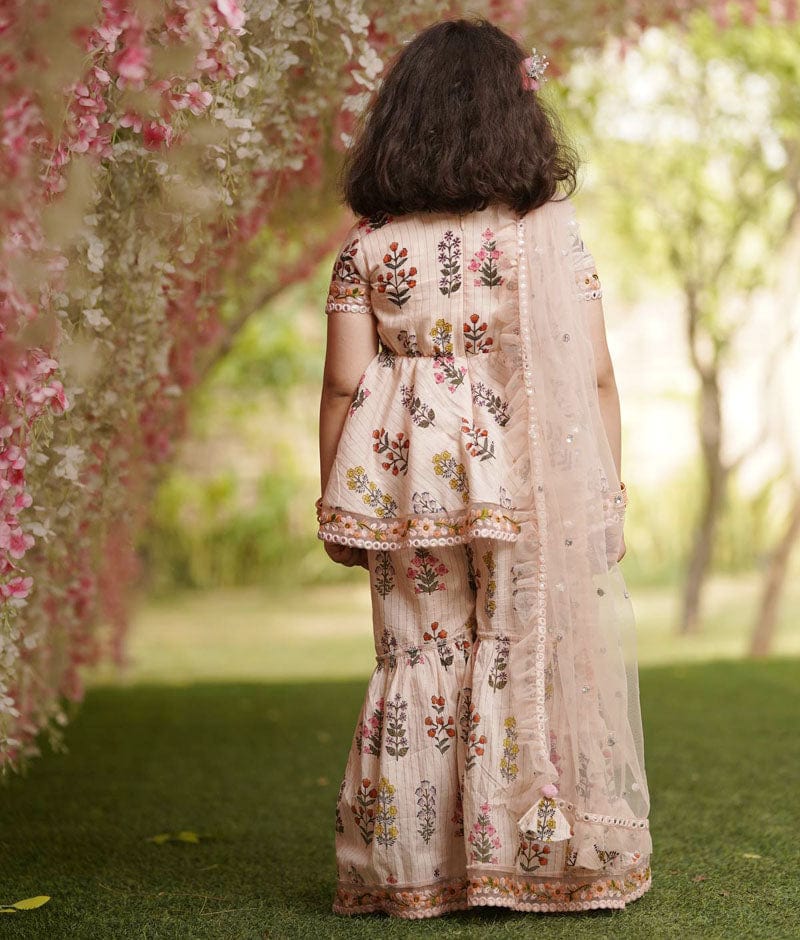 Peach Cotton Print Kurti Sharara and Peach Net Dupatta for Girls