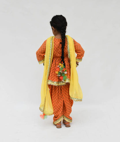 Fayon Kids Peach Cotton Printed Dhoti Set with Georgette Dupatta for Girls