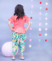 Peach Cotton Printed Dhoti Set with Peplum Top for Girls