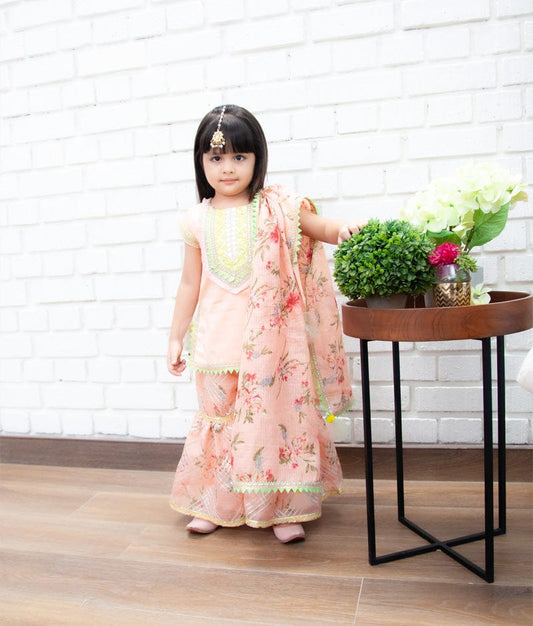 Fayon Kids Peach Cotton Silk Kotta Print Sharara with Kurti Printed Kotta Dupatta for Girls