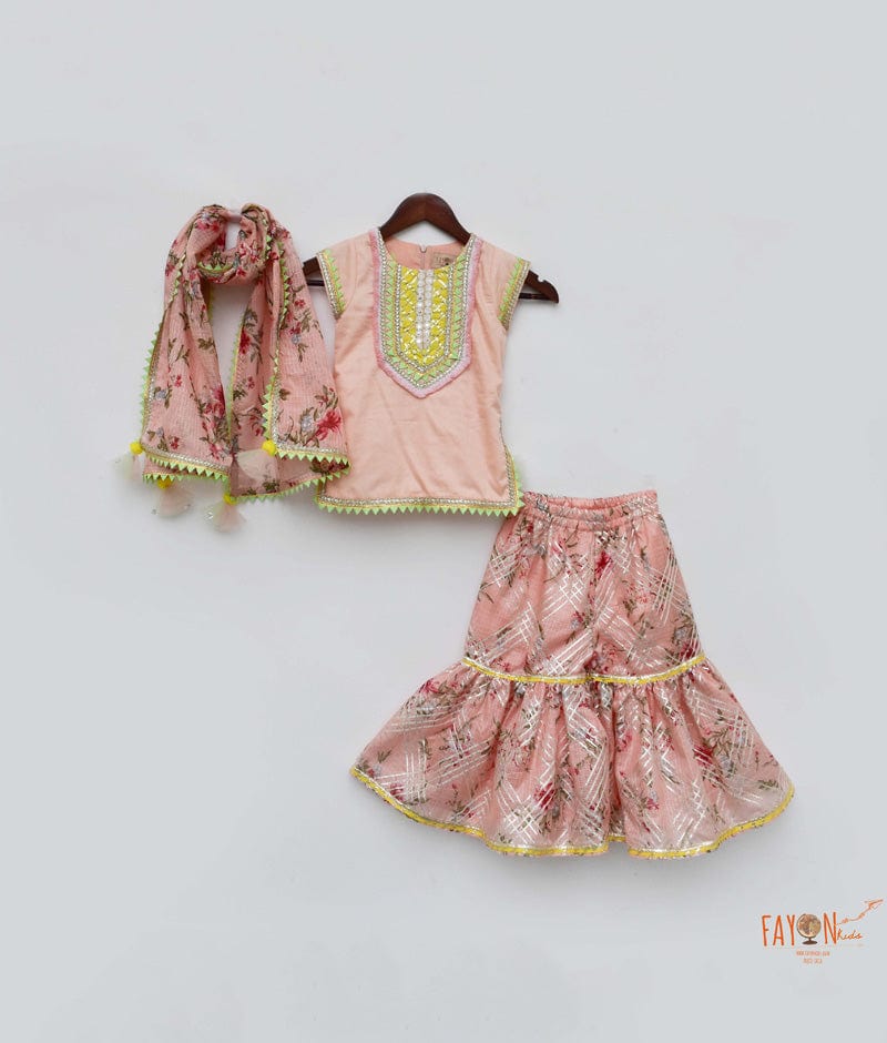 Fayon Kids Peach Cotton Silk Kotta Print Sharara with Kurti Printed Kotta Dupatta for Girls