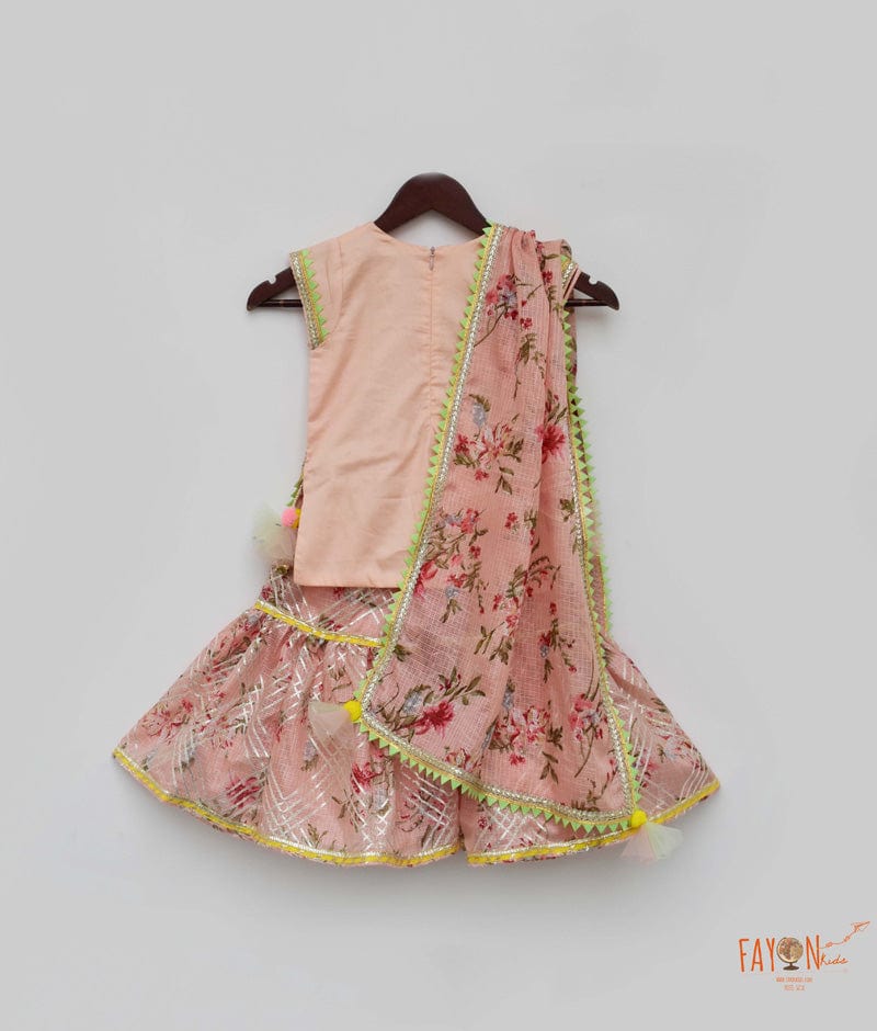 Fayon Kids Peach Cotton Silk Kotta Print Sharara with Kurti Printed Kotta Dupatta for Girls