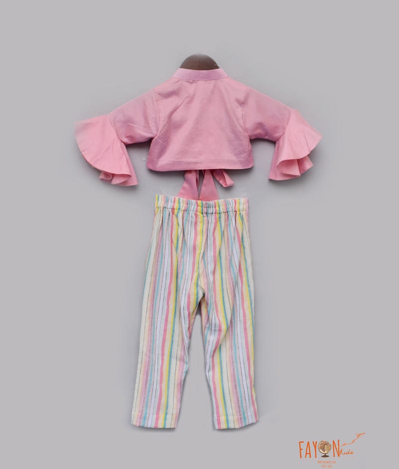 Fayon Kids Peach Cotton Silk Top with Stripe Pants for Girls
