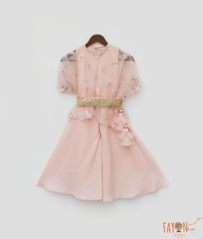 Fayon Kids Peach Crape Jumpsuit and Organza Cape for Girls