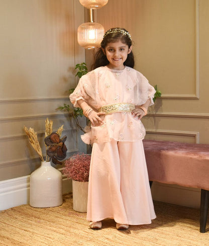 Fayon Kids Peach Crape Jumpsuit and Organza Cape for Girls