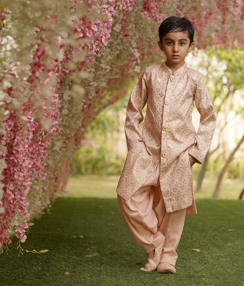 Fayon Kids Peach Embroidery Ajkan and Peach Salwar for Boys