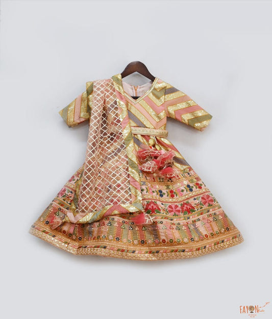 Peach Embroidery Anarkali with Net Dupatta for Girls