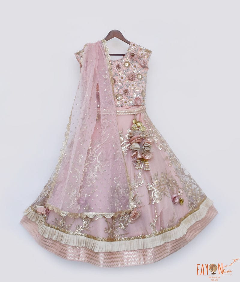 Fayon Kids Peach Embroidery Lehenga Choli and Dupatta for Girls