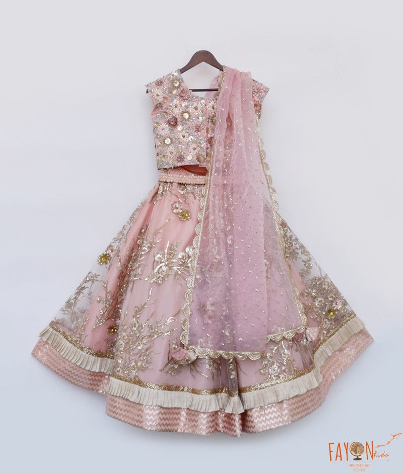 Fayon Kids Peach Embroidery Lehenga Choli and Dupatta for Girls