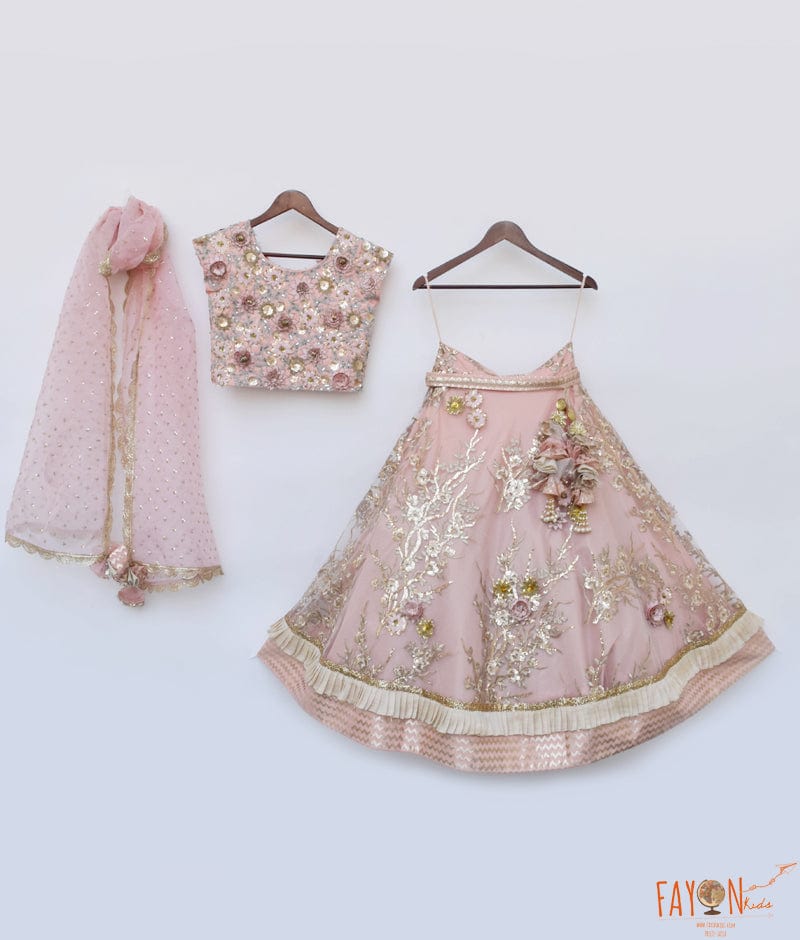 Fayon Kids Peach Embroidery Lehenga Choli and Dupatta for Girls