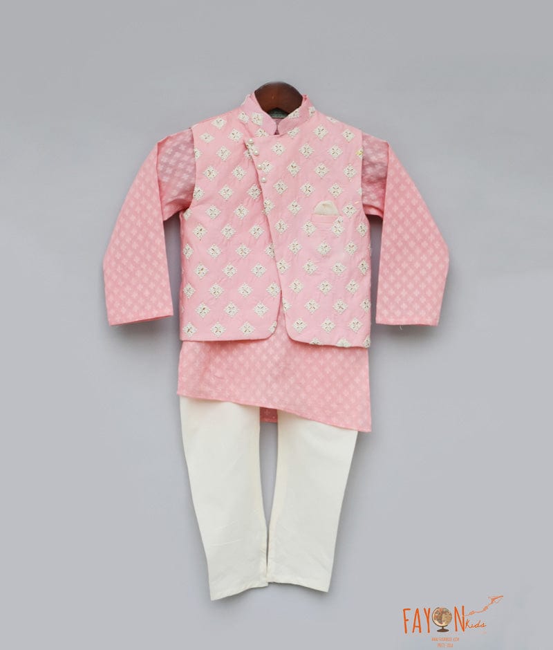 Fayon Kids Peach Embroidery Nehru Jacket with Kurta Chudidar for Boys