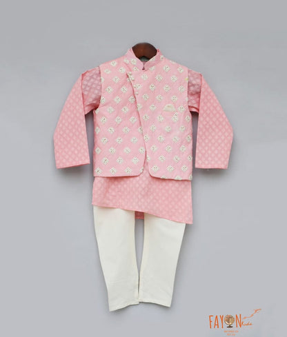 Peach Embroidery Nehru Jacket with Kurta Chudidar for Boys