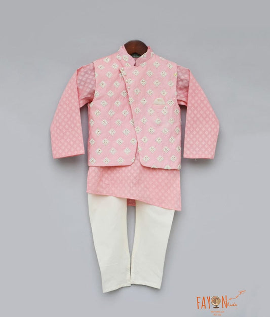 Peach Embroidery Nehru Jacket with Kurta Chudidar for Boys