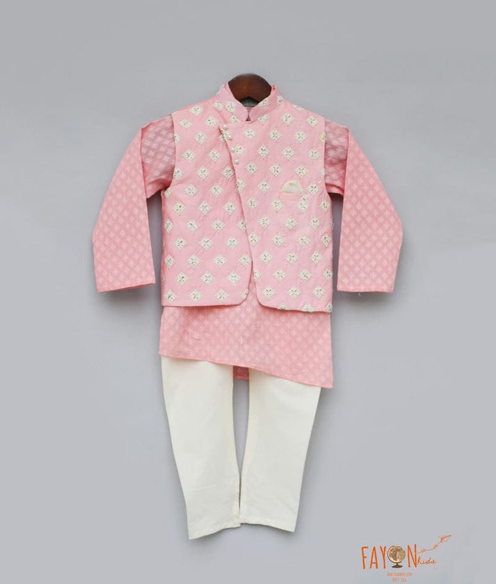 Peach Embroidery Nehru Jacket with Kurta Chudidar for Boys
