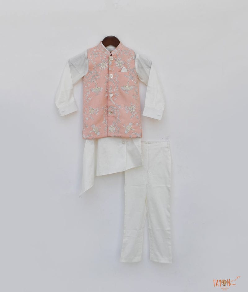 Fayon Kids Peach Embroidery Nehru Jacket with Kurta Pant for Boys