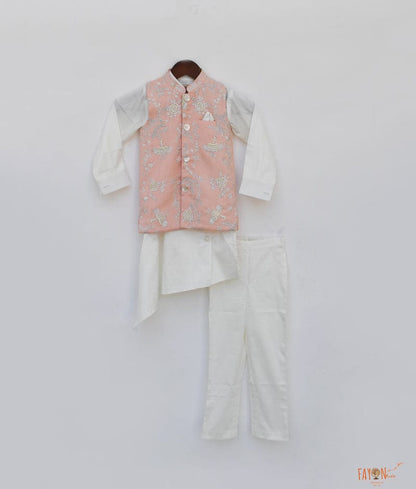 Fayon Kids Peach Embroidery Nehru Jacket with Kurta Pant for Boys