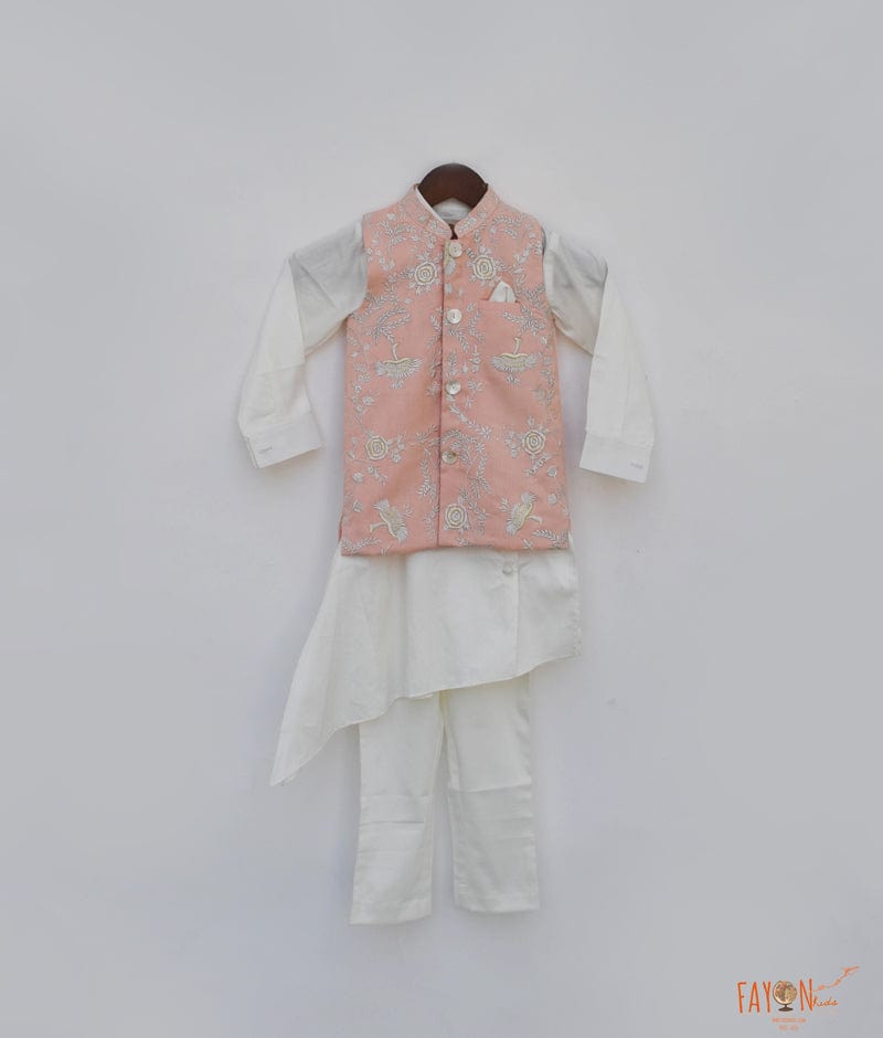 Fayon Kids Peach Embroidery Nehru Jacket with Kurta Pant for Boys