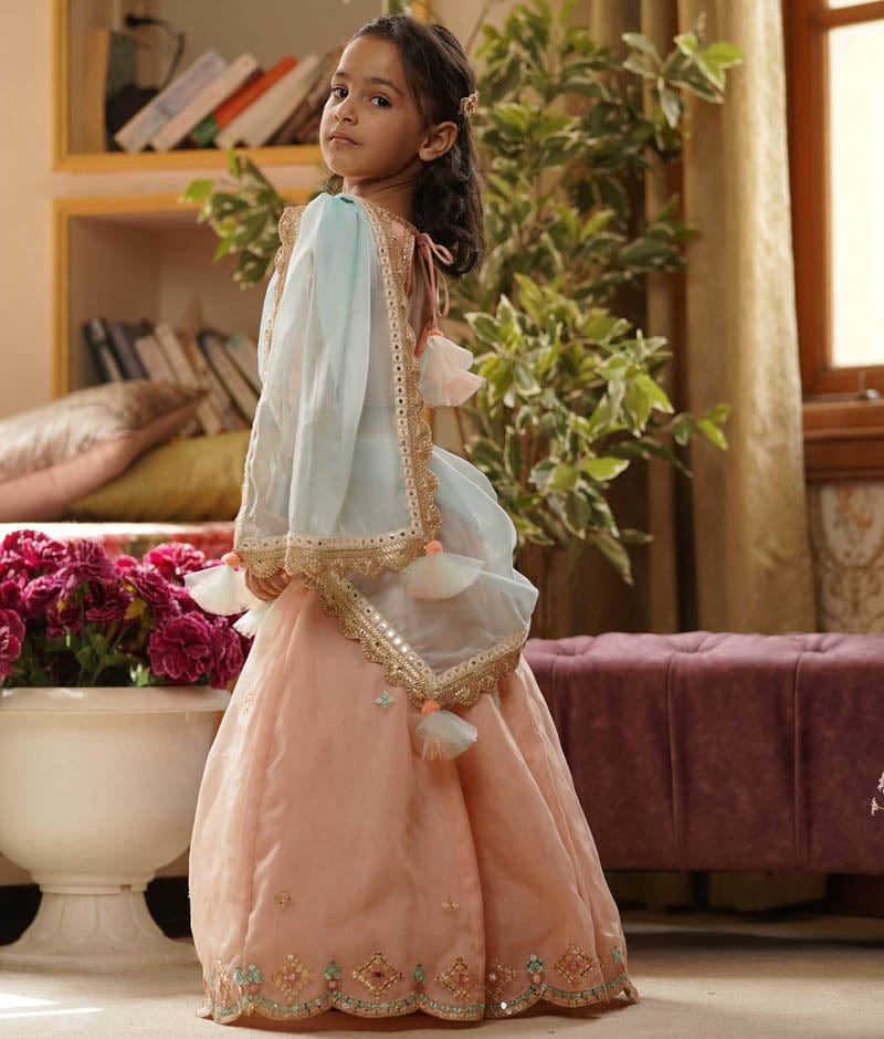 Fayon Kids Peach Embroidery Organza Lehenga Choli and Blue Dupatta for Girls