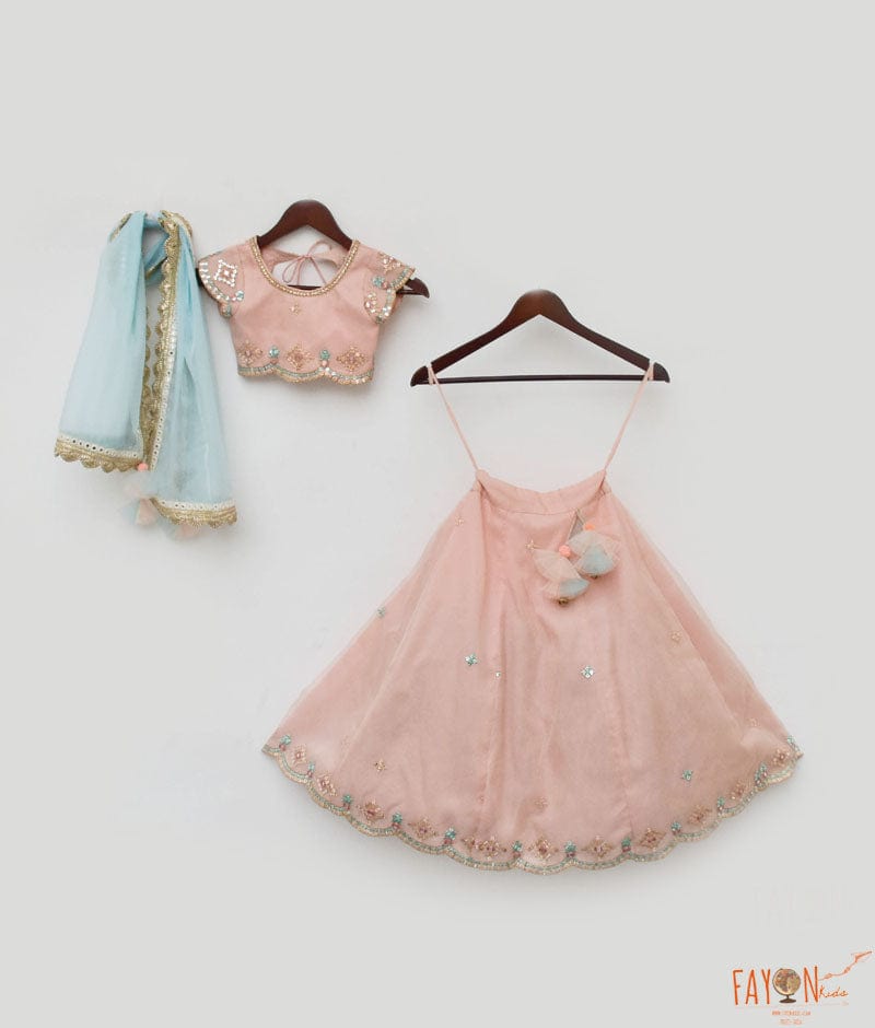 Fayon Kids Peach Embroidery Organza Lehenga Choli and Blue Dupatta for Girls