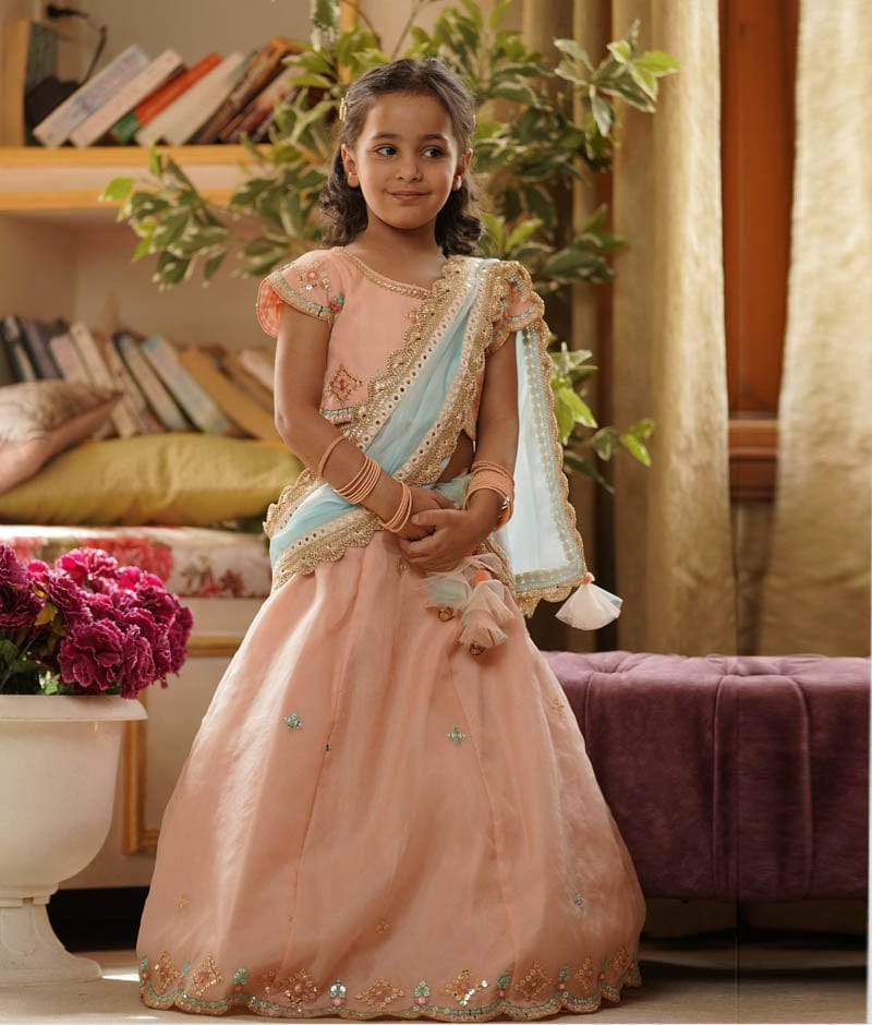 Fayon Kids Peach Embroidery Organza Lehenga Choli and Blue Dupatta for Girls