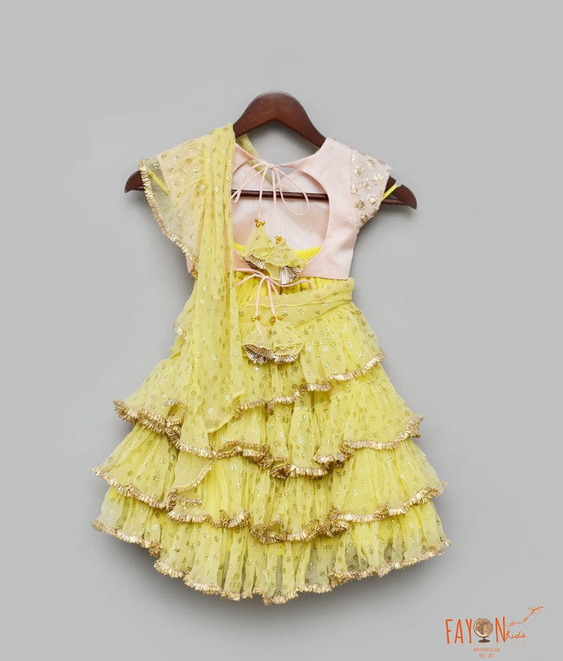Fayon Kids Peach Embroidery Yellow Chiffon Saree for Girls