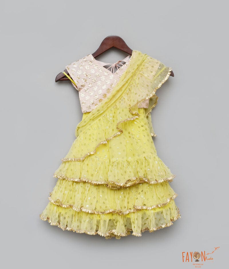 Fayon Kids Peach Embroidery Yellow Chiffon Saree for Girls