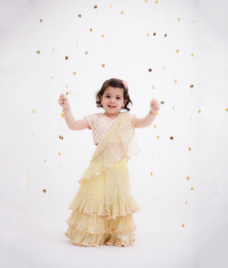 Fayon Kids Peach Embroidery Yellow Chiffon Saree for Girls