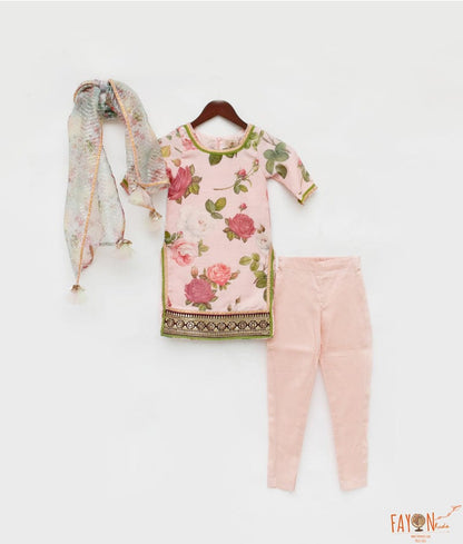 Peach Floral Peach Cotton Silk Chudidar with Kurti Printed Organza Dupatta for Girls
