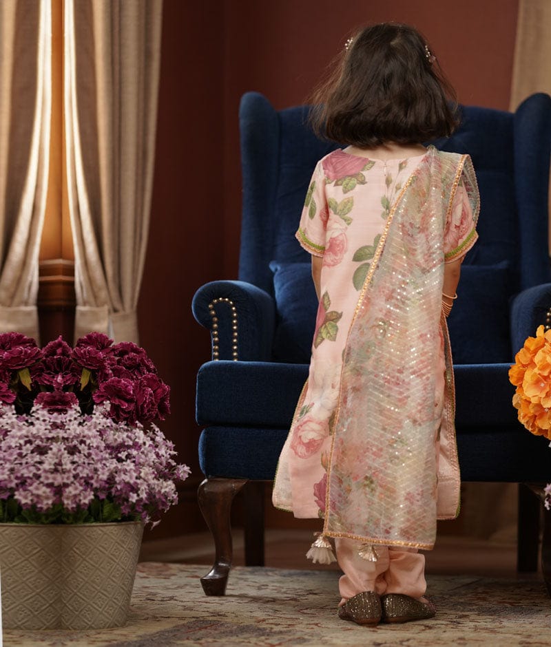 Peach Floral Peach Cotton Silk Chudidar with Kurti Printed Organza Dupatta for Girls