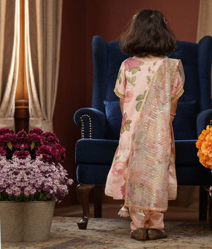 Peach Floral Peach Cotton Silk Chudidar with Kurti Printed Organza Dupatta for Girls