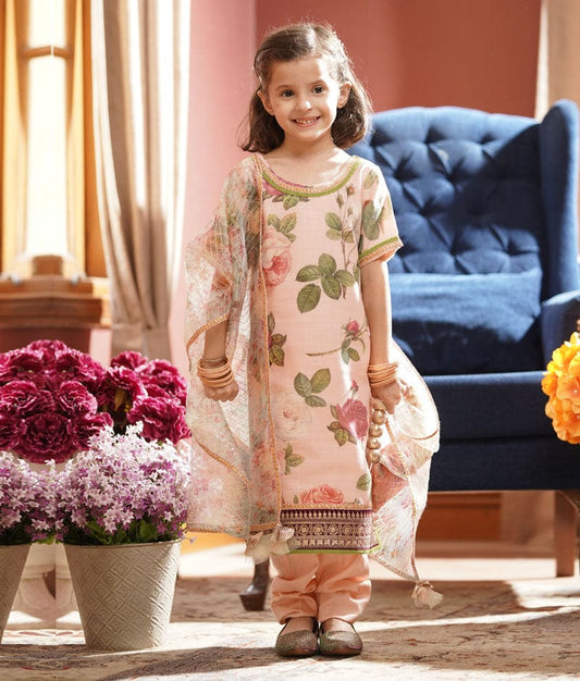 Fayon Kids Peach Floral Peach Cotton Silk Chudidar with Kurti Printed Organza Dupatta for Girls