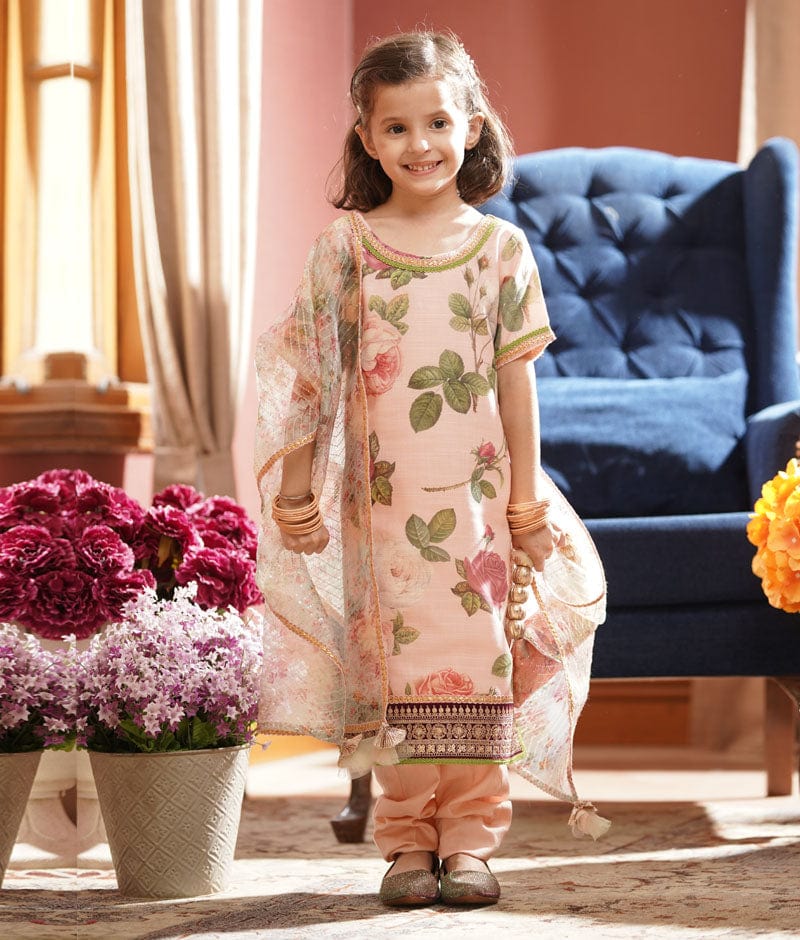 Peach Floral Peach Cotton Silk Chudidar with Kurti Printed Organza Dupatta for Girls