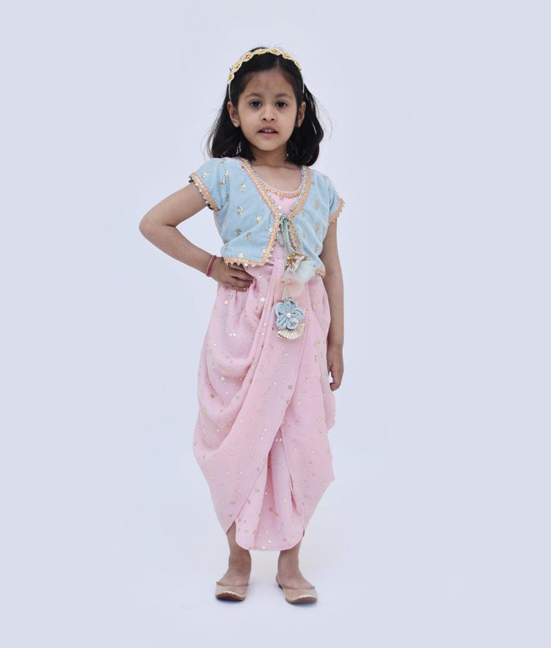 Fayon Kids Peach Foil Georgette Blue Velvet Jacket Dhoti Set for Girls