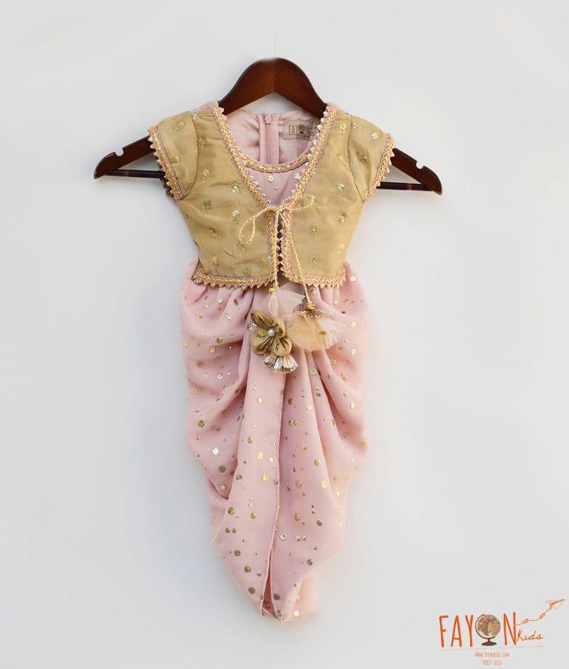 Peach Foil Georgette Golden Jacket Dhoti Set for Girls