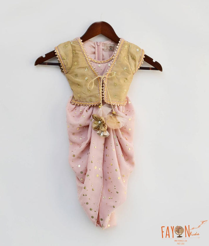 Peach Foil Georgette Golden Jacket Dhoti Set for Girls