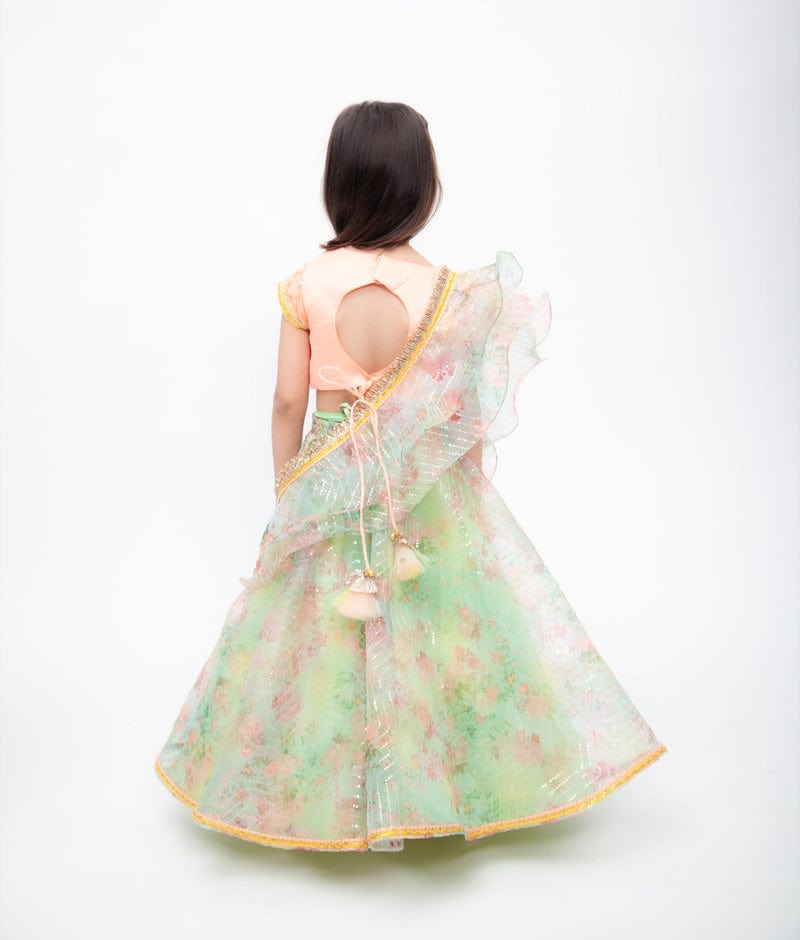 Peach Georgette Green Organza Printed Lehenga with Choli Ruffle Dupatta for Girls
