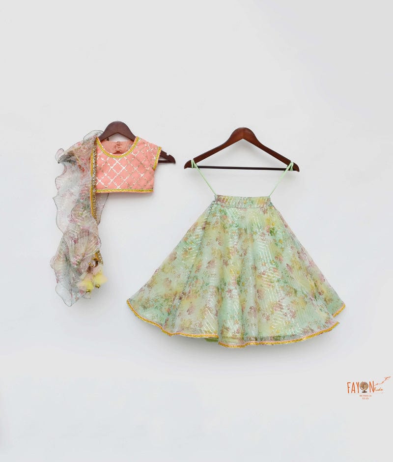 Peach Georgette Green Organza Printed Lehenga with Choli Ruffle Dupatta for Girls