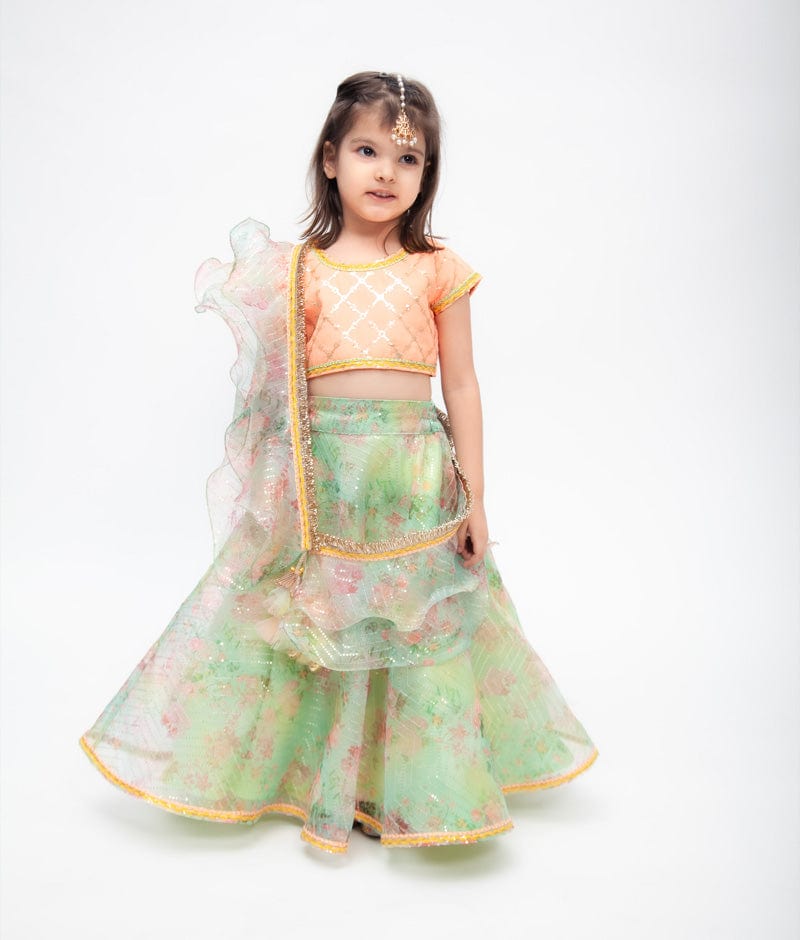 Peach Georgette Green Organza Printed Lehenga with Choli Ruffle Dupatta for Girls