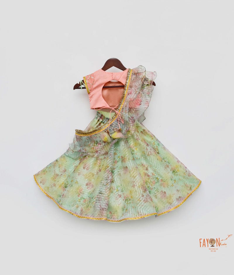 Peach Georgette Green Organza Printed Lehenga with Choli Ruffle Dupatta for Girls