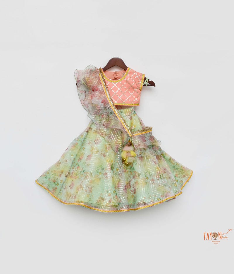 Peach Georgette Green Organza Printed Lehenga with Choli Ruffle Dupatta for Girls