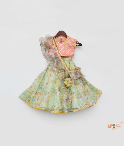 Peach Georgette Green Organza Printed Lehenga with Choli Ruffle Dupatta for Girls