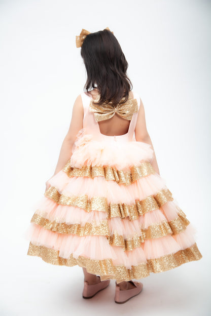 Fayon Kids Peach Golden Net Dress for Girls