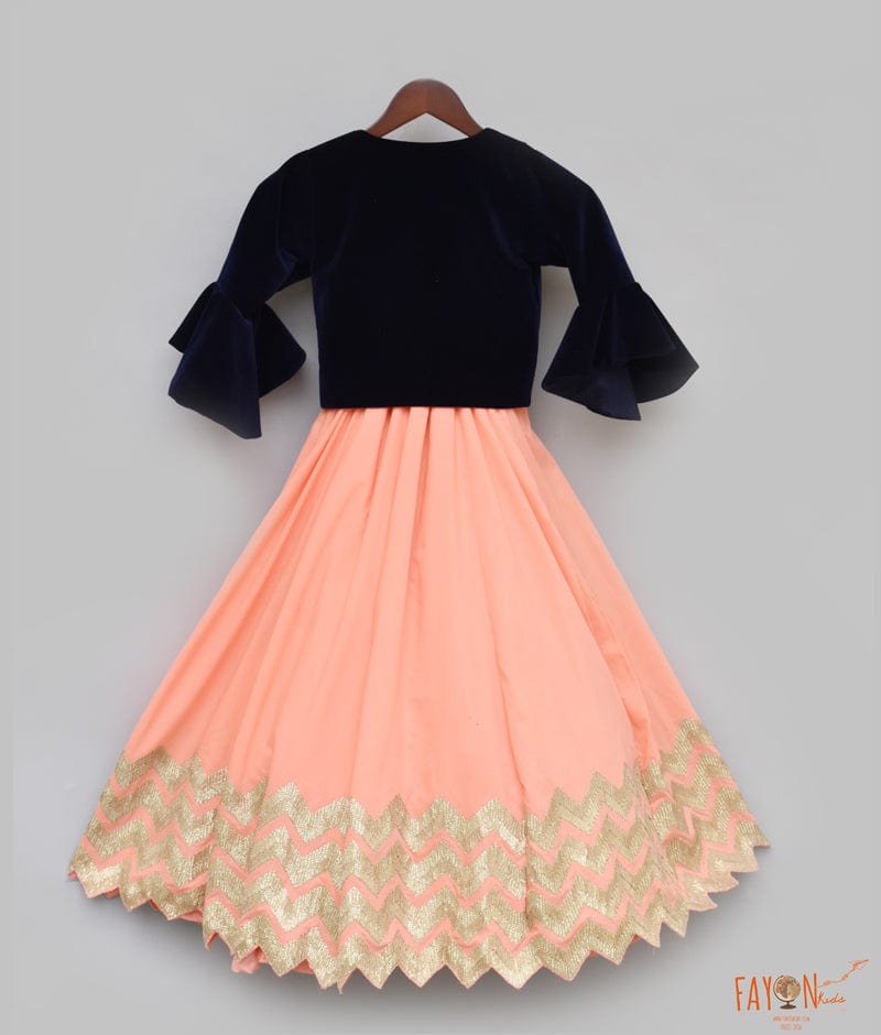 Peach Gota Dark Blue Velvet Jacket Anarkali for Girls